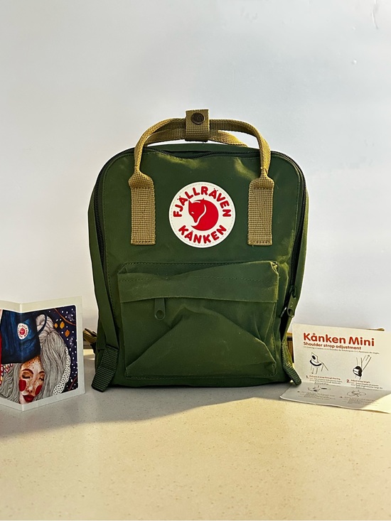 Fjallraven Handbags - Fjallraven Kanken Mini Olive Green Backpack with Tan Adjustable Straps